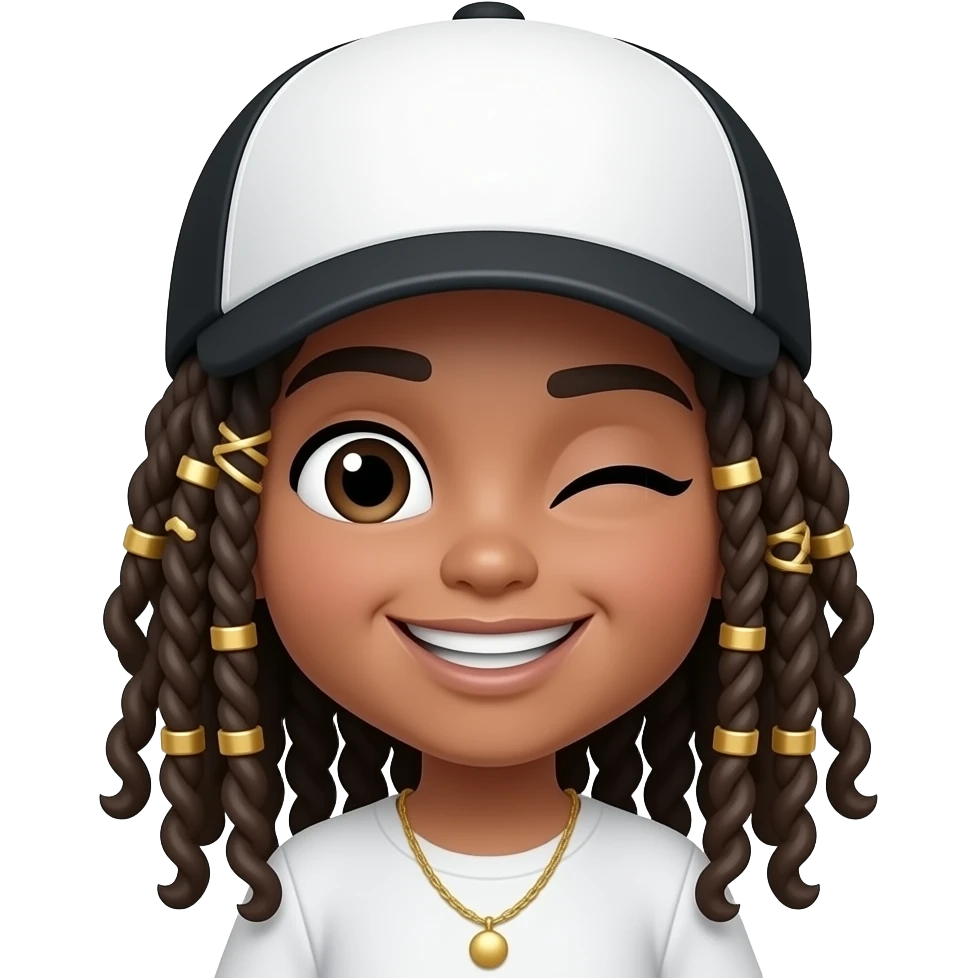 Memoji girl wearing a black and white trucker cap with long dreads with curly ends and gold hair charms. She's giving a big sneaky smile winking her eye emoji