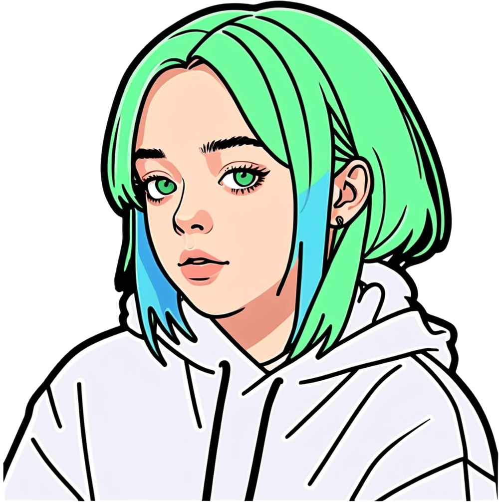 8k, 5000x5000px resolution, clean, smooth, thin lines, ultra detailed, hyperrealism, celebrity, singer Billie Eilish 2025. Glossy appearance, clean thin lines, vivid, clean appearance.  emoji