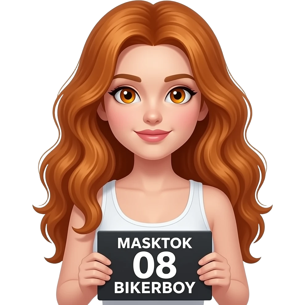 sexy girl with long wavy ginger hair and ginger eyes wearing a white tanktop is holding a black colored sign with MASKTOK 08 BIKERBOY written on it emoji