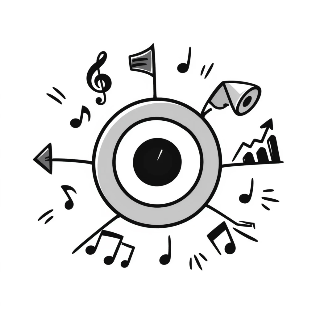 symmetrical target with musical marketing elements such as musical notes, speakers, growth charts, doodle style, square emoji format, suitable for online course cover emoji