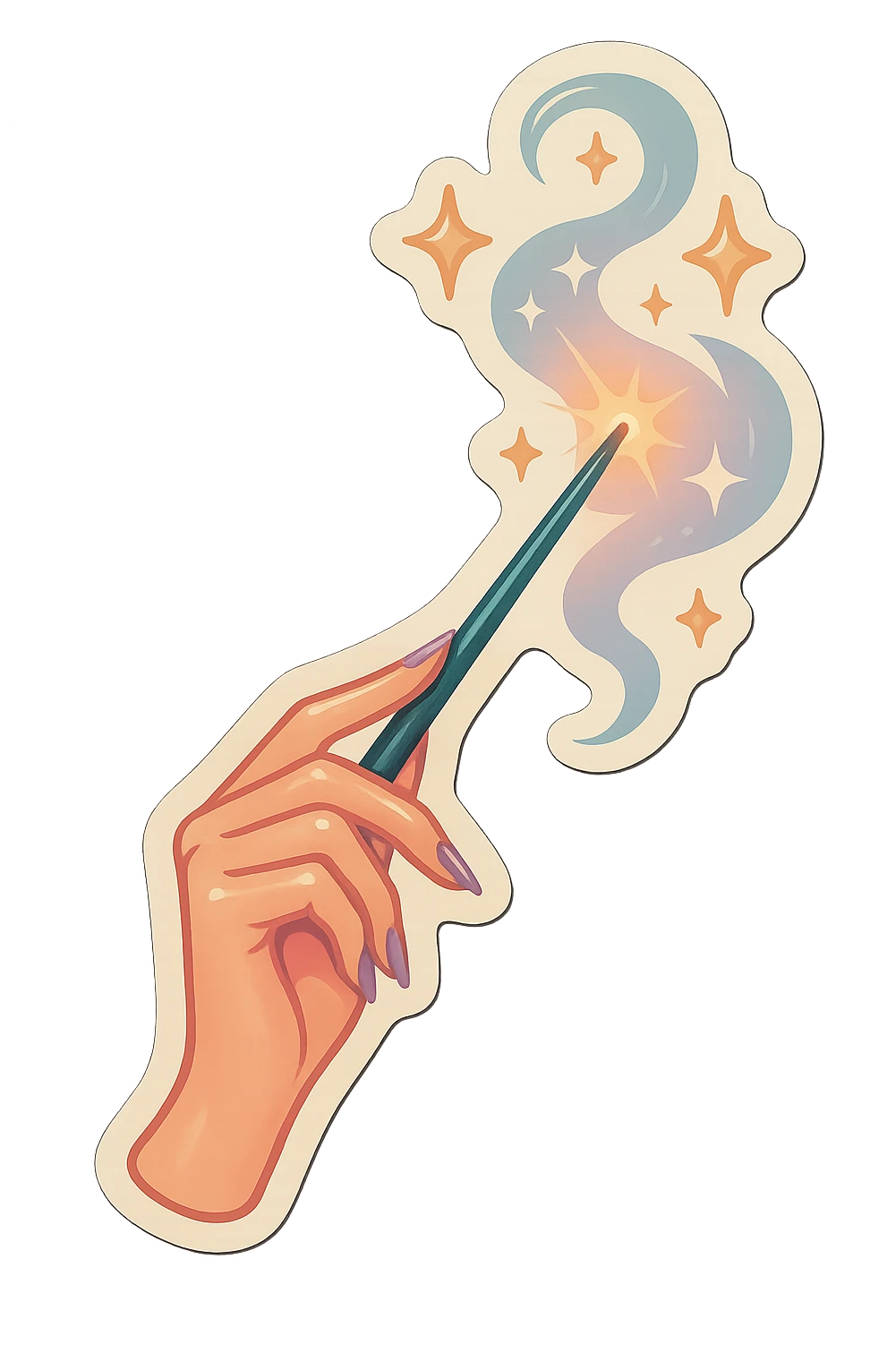 Elegant female hand with almond-shaped nails holding a magic wand, stars and light smoke flying out of the wand, retro stickers style, thin clean contours, soft rounded shapes, pastel palette #98B5BC, #B5B3C1, #C9A3C9, #E4C0CA, #F7DCD1, #F7C0AA, detailed shadows and highlights, soft lighting, transparent background, no decorative elements emoji