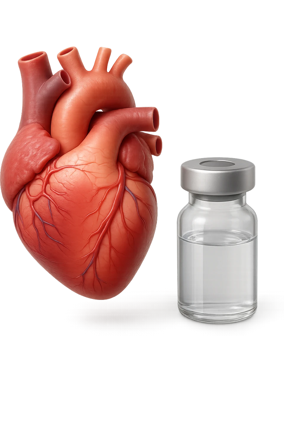 emoji stile iphone di cuore anatomico realistico in 3d che fluttua in aria insieme a una boccetta di fiala medica, FALLO MOLTO REALISTICO IN 3D emoji