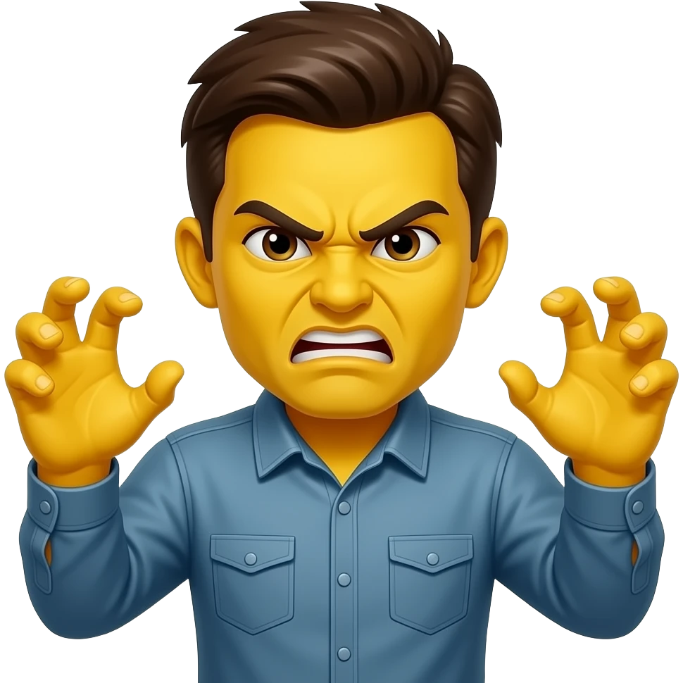 basic yellow mad emoji with furious hands palms up with fingers slightly curled emoji