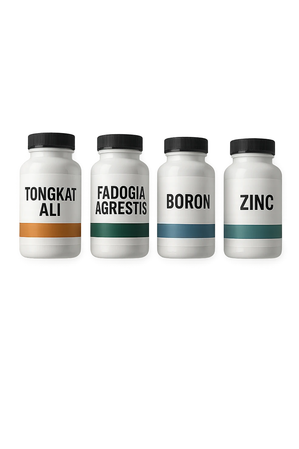 4 boccette di integratore: Tongkat Ali, Fadogia Agrestis, Boron e Zinco fluttuano in aria verticalmente emoji