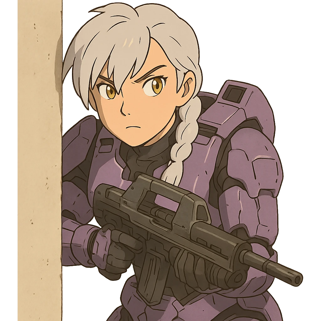 female, wearing reach spartan armor default, long white braid hair with massive messy front side single bangs, gold yellow eyes, attention pose, HALO:series, no helmet, the armor is lavender color scheme, shoulder pad off. DDD bust size fitting. Punk gothic cyberpunk, peeking around a corner while aiming a classic HALO1 AR, tactical, lean emoji