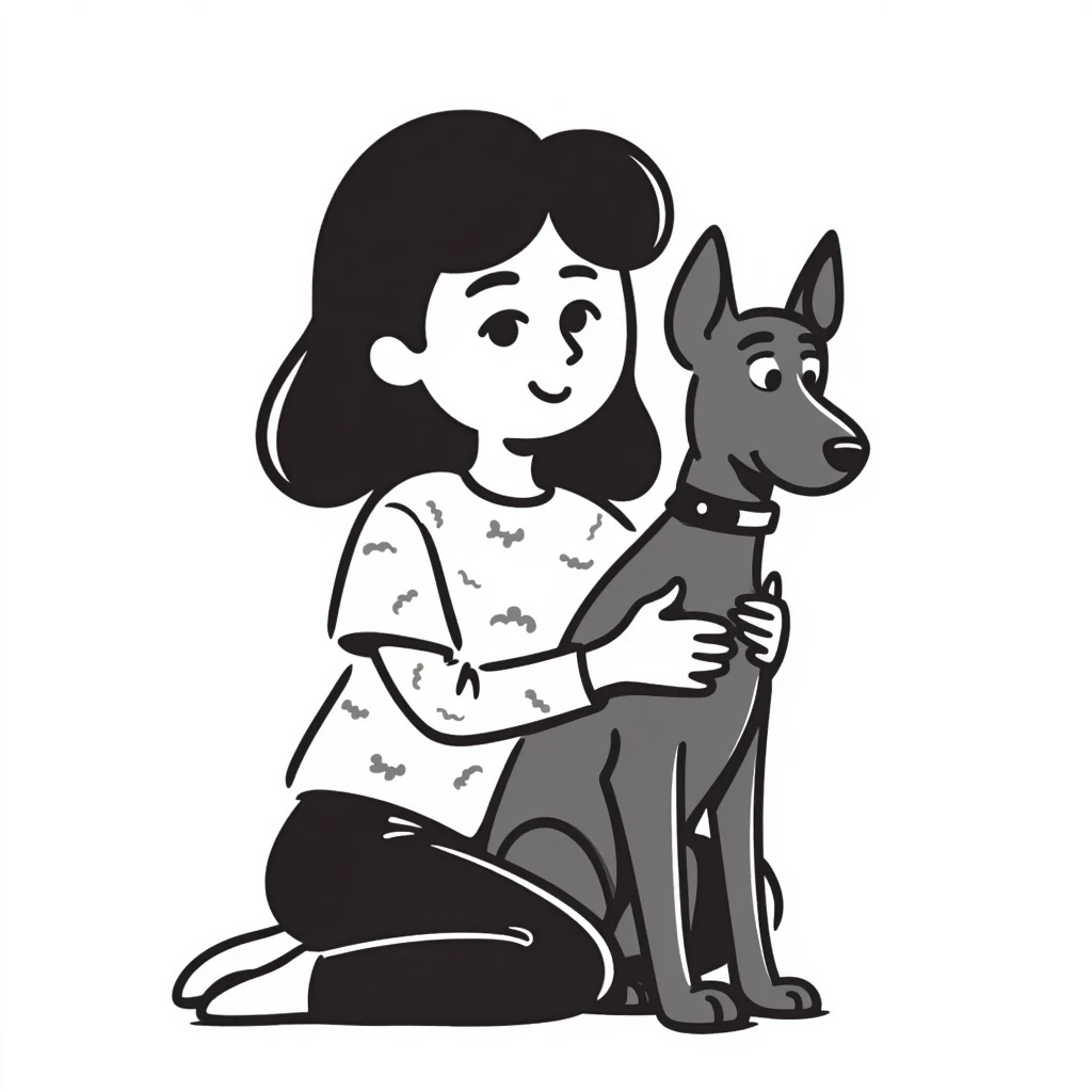 A medium black hair Asian girl holding a Doberman emoji