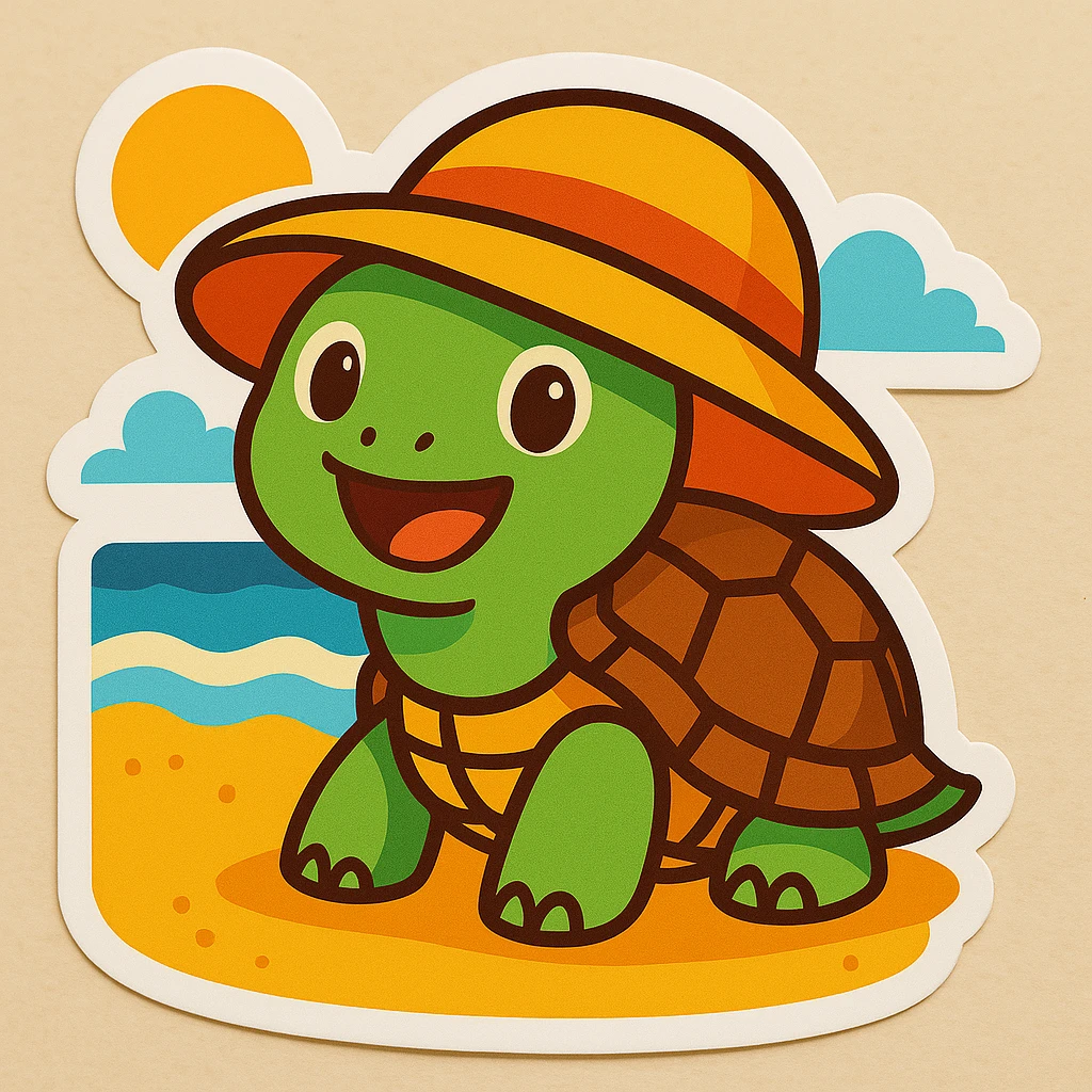 Replace the party hat with a sun hat on the turtle on the beach, keeping the fun and colorful chibi stickers cartoon style. emoji