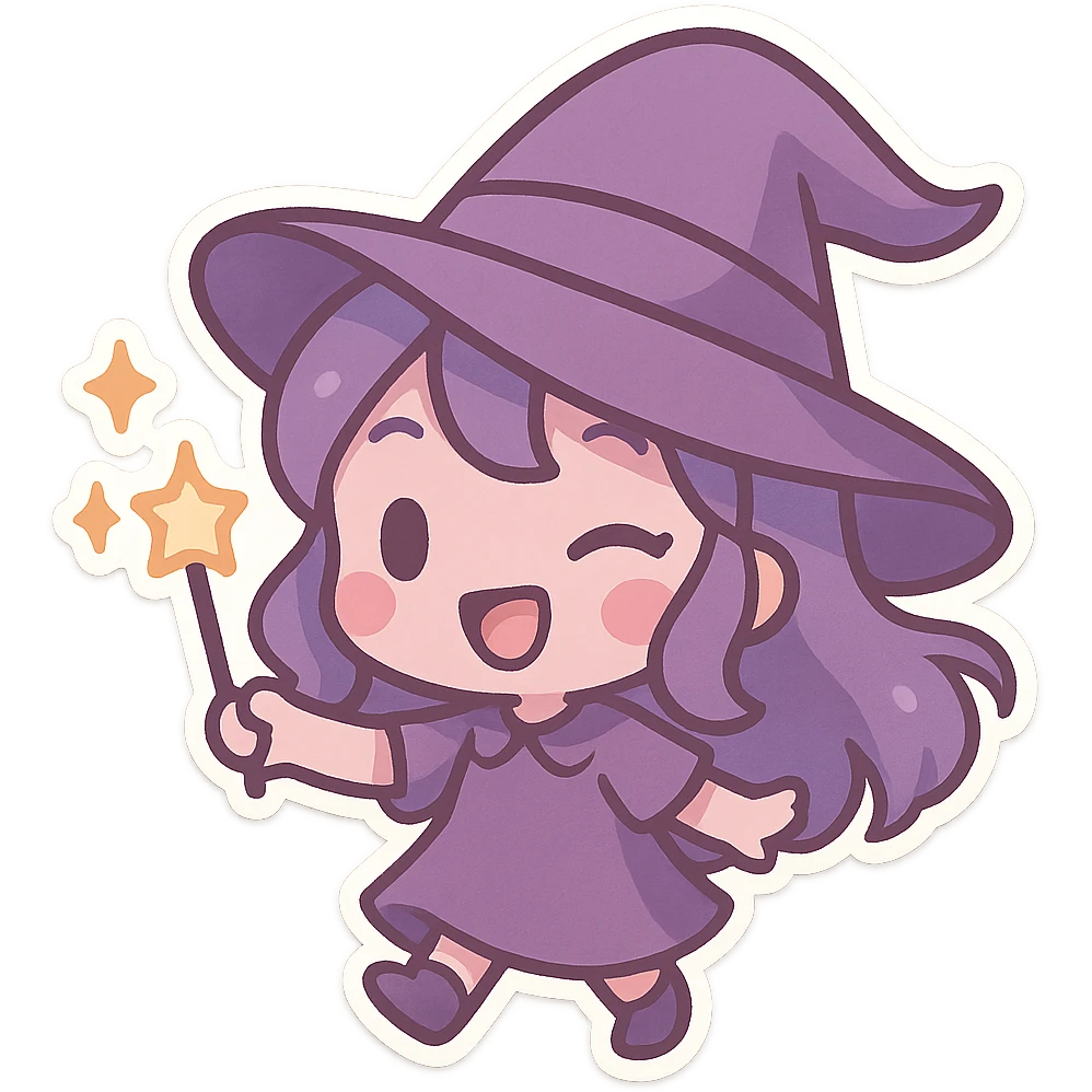 Purple Chibi stickers, cute witch hat, playful and magical, Chibi style emoji