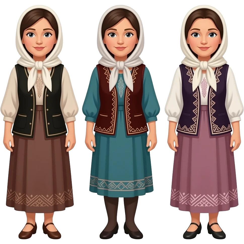 Женищины кыргызки репродуктивного возраста в обычной ожеде и с платкомБ разныз возрастов. Три персонажа во весь рост emoji