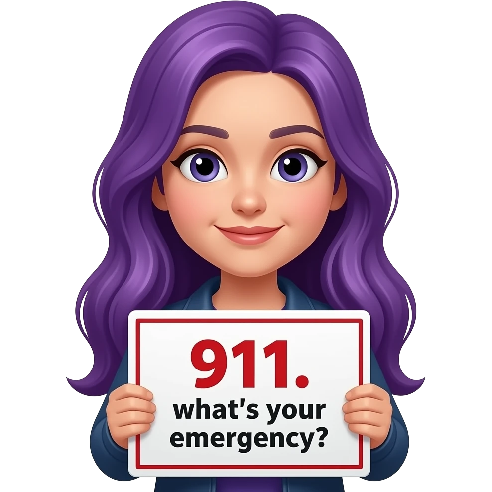 girl with long purple hair with a 911... what's your emergency? sign emoji