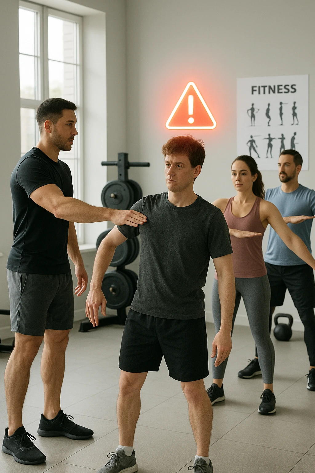 vertical cinematic scene in modern gym, instructor demonstrating postural exercises to small group, glowing red warning icon floating above one participant with visible postural asymmetry such as uneven shoulders or hips, scene communicates standard postural routines may not be appropriate for those with asymmetries, bright airy background with fitness posters and equipment, realistic educational style emoji