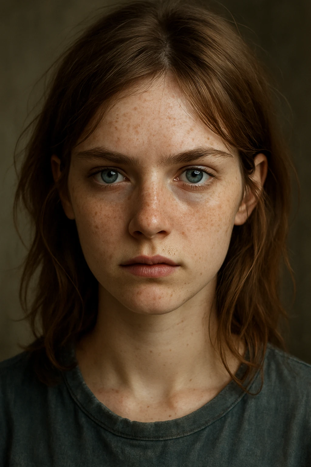 portrait of a girl with dusty brown hair, sharp blue eyes, pale skin with freckles emoji