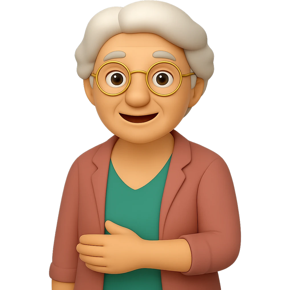 Remove the corgi from the image, leaving only the grandmother. The style should be 3D emoji style with a transparent background. emoji