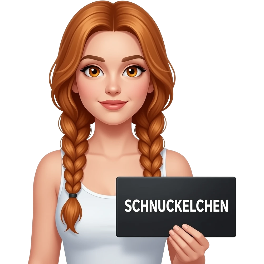 sexy girl with long ginger braids and ginger eyes wearing a white tanktop is holding a black sign with SCHNUCKELCHEN written on it emoji