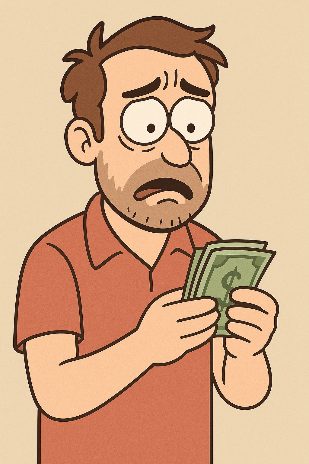 a worried man holding money, flat toon style emoji