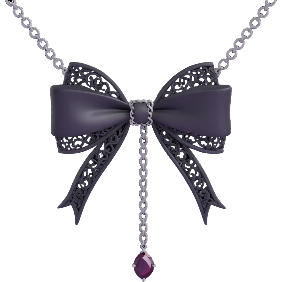 gothic bow with black lace, silver chains, and a dark gemstone center emoji