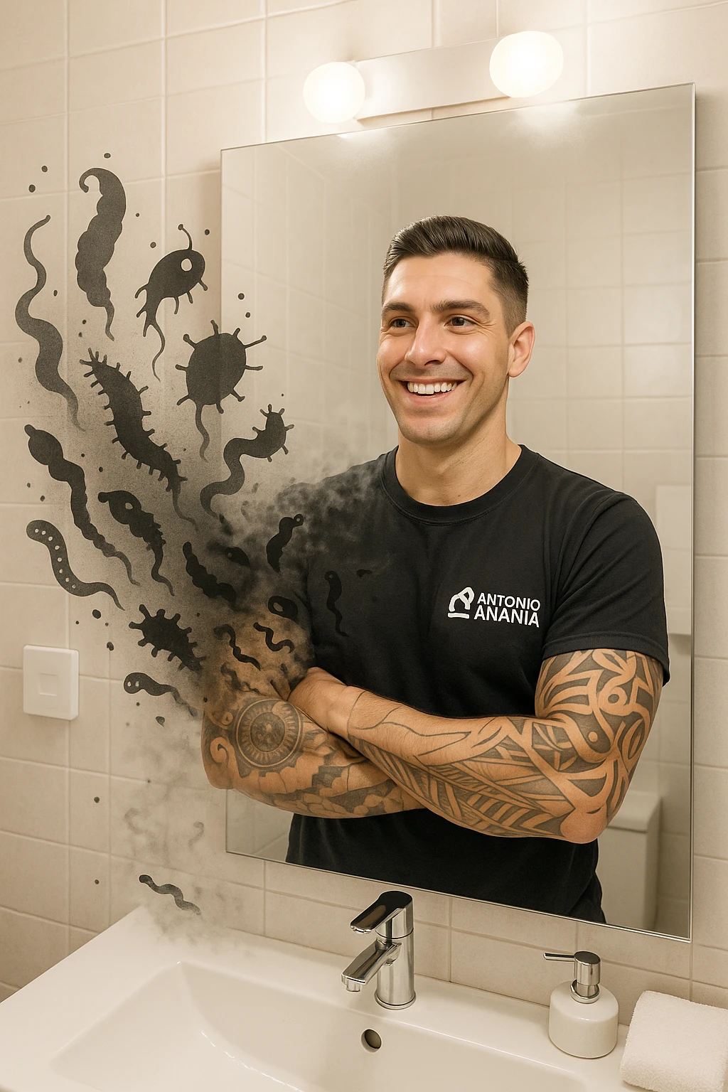 a man stands in a brightly lit bathroom, looking relieved and revitalized as he examines his reflection in the mirror. In the foreground, stylized, shadowy images of parasites (such as worms or protozoa) are shown leaving his body, dissolving into mist or fading away. His posture is upright and his expression is one of newfound energy and health. emoji