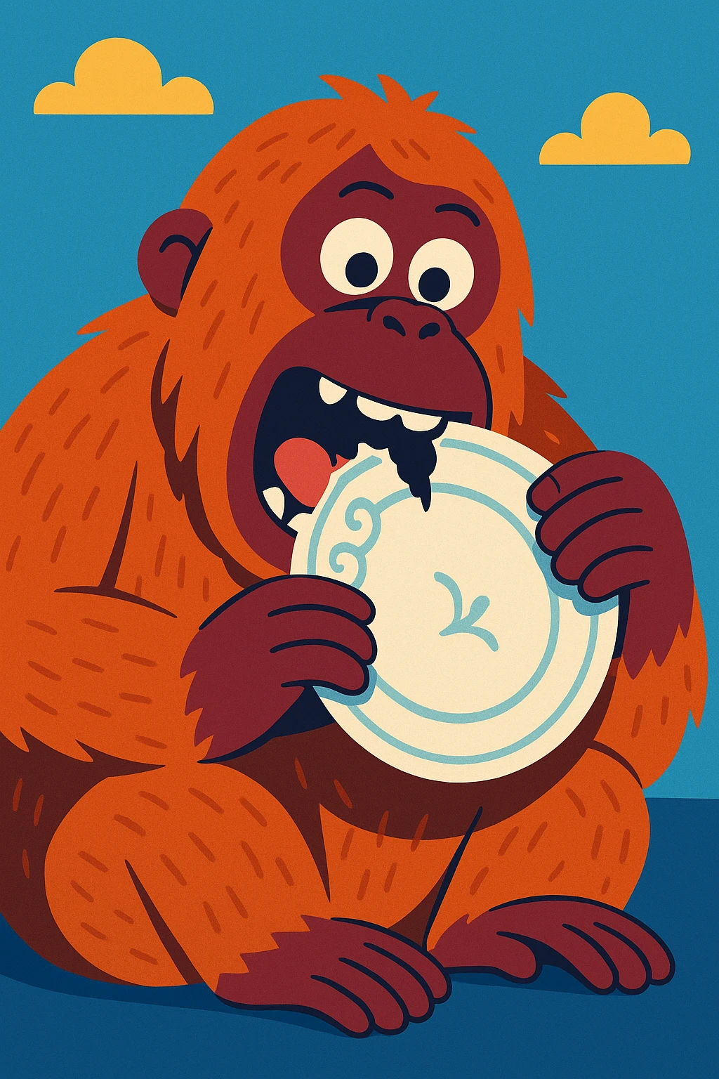 whimsical style orangutan eating a porcelain plate emoji