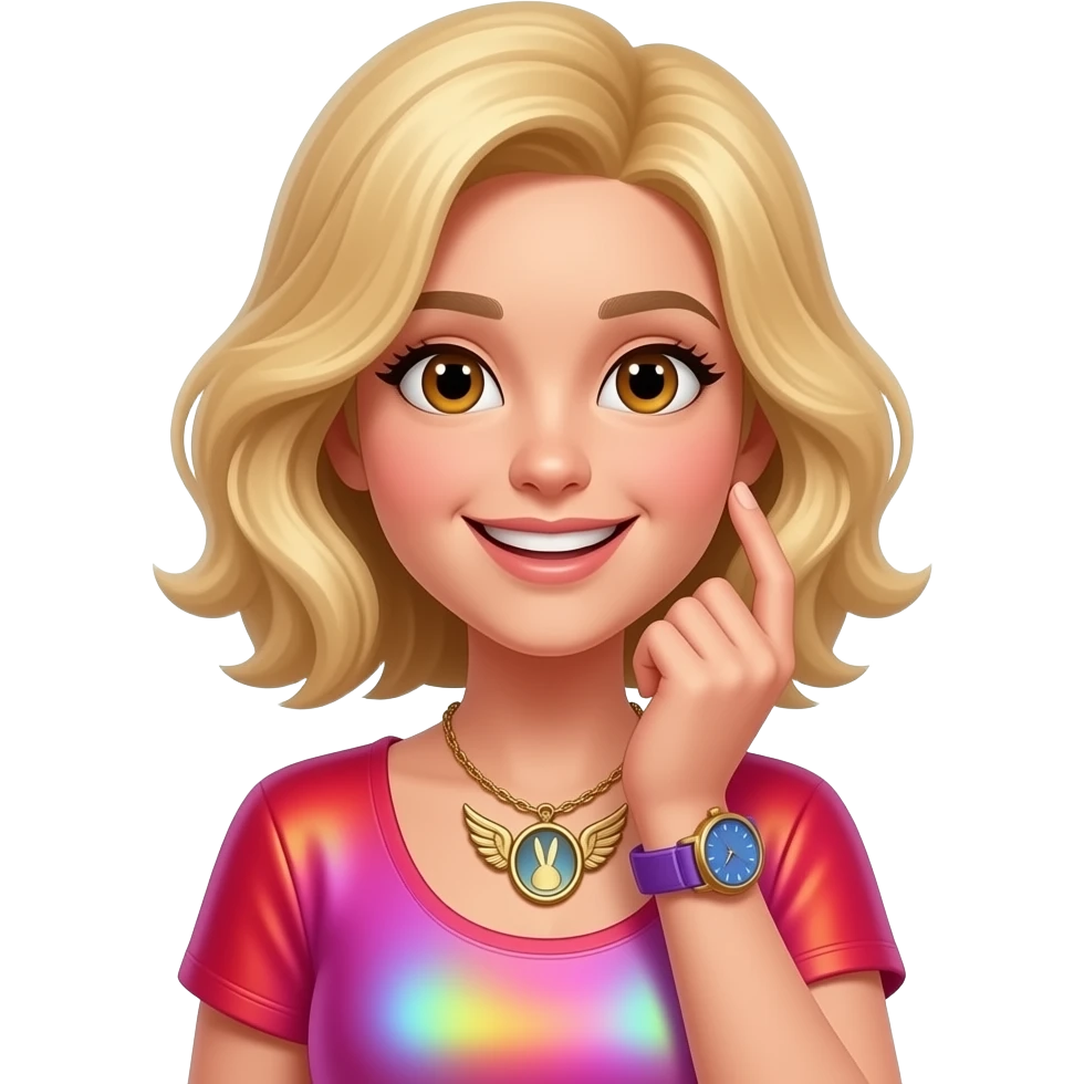 blonde hair slight wavy, slight rabbit front teeth, big eyes light brown, happy colorful (pink/red) with colorful watch on left handwrist (hologram like purple-blue), with angelwing necklace bronze emoji
