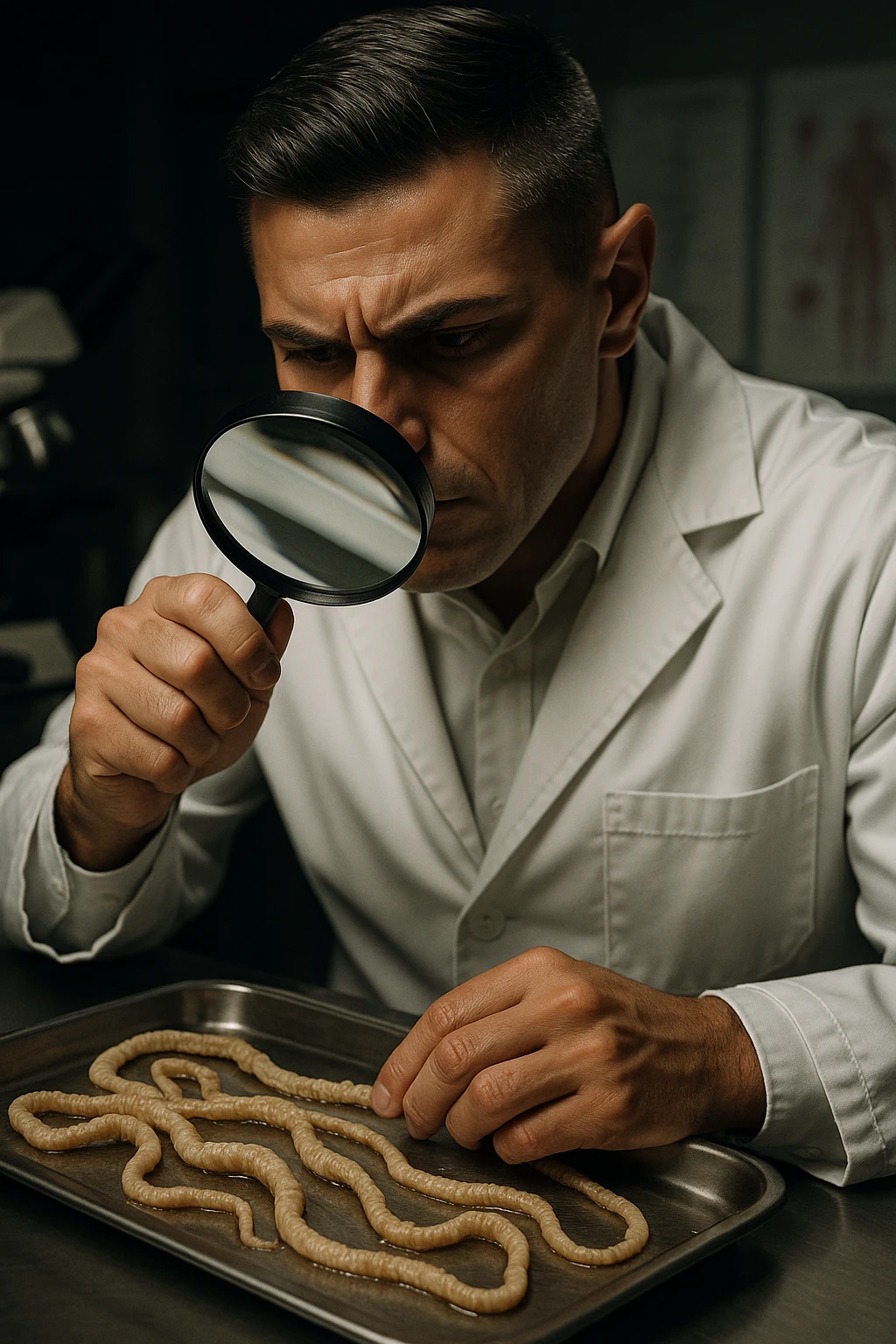 A middle-aged male kinesiologist wearing a pristine white lab coat, intensely analyzing long, beige tapeworms (like Taenia) under a magnifying glass. His expression is focused and slightly concerned, with dramatic studio lighting casting sharp shadows. The parasites are highly detailed, moist, and textured, stretched across a sterile metal tray. The background is blurred but suggests a clinical environment—hints of a microscope, medical charts, and clean lab equipment. The style is hyper-realistic, with a cinematic contrast between the bright white coat and the grotesque, organic forms of the parasites. No sci-fi elements, just raw medical realism with a disturbing edge emoji