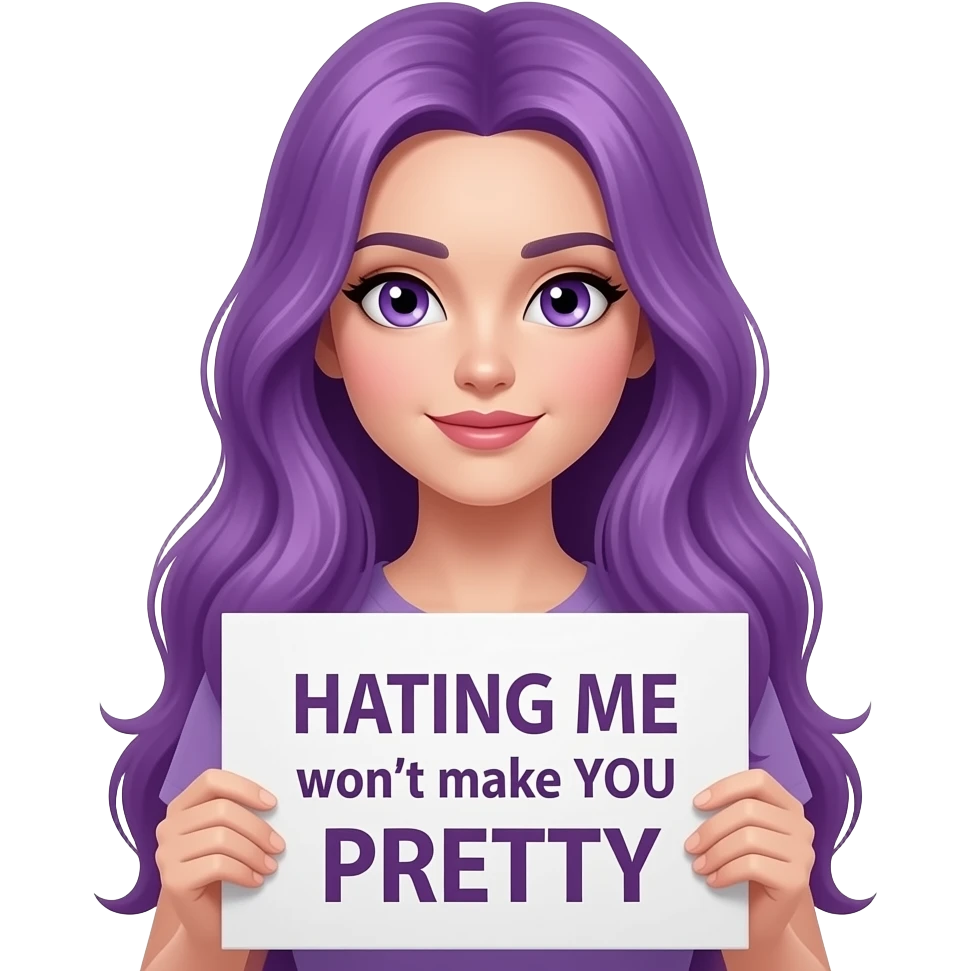 sexy girl with long purple hair and purple eyes holding a HATING ME won't make YOU PRETTY sign emoji