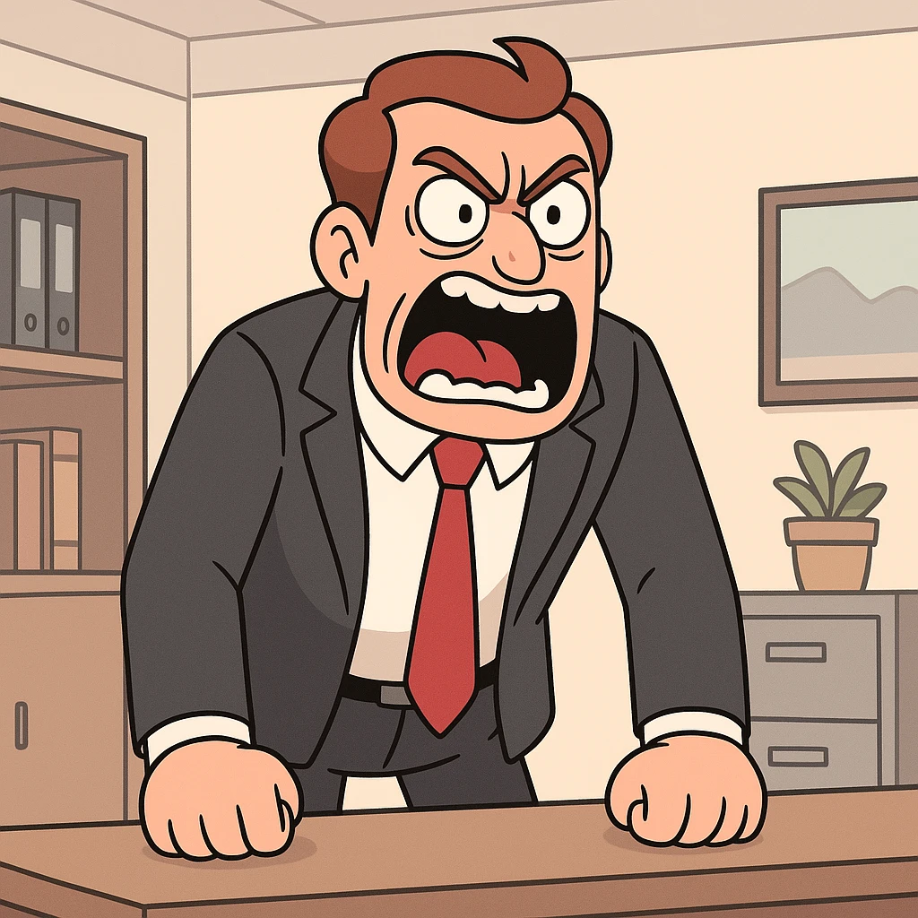 furious male boss, business attire, yelling, expressive face, office setting, cartoon style emoji