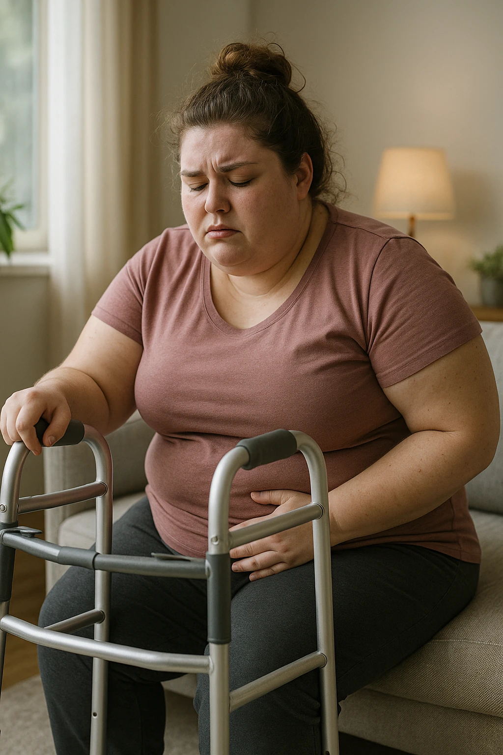 Donna con problemi difficoltà  nella mobilità a causa della sua PCOS, immagine realistica emoji