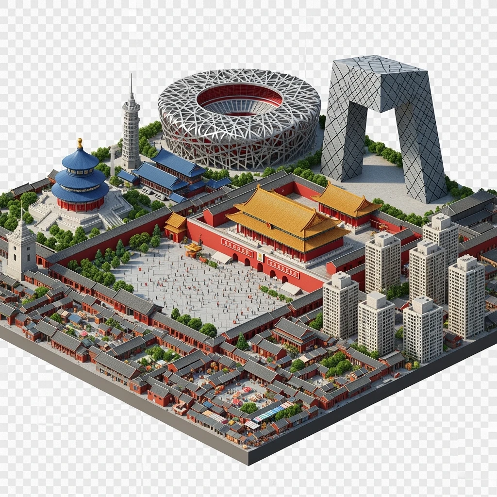 Isometric miniature of Beijing Forbidden City, Tiananmen Square, CCTV Headquarters, Temple of Heaven, Bird’s Nest Stadium and crowded hutong alleys, sprawling apartment blocks, 3D miniature effect and Tilt Shift effect, no cartoonish look, transparent background. emoji