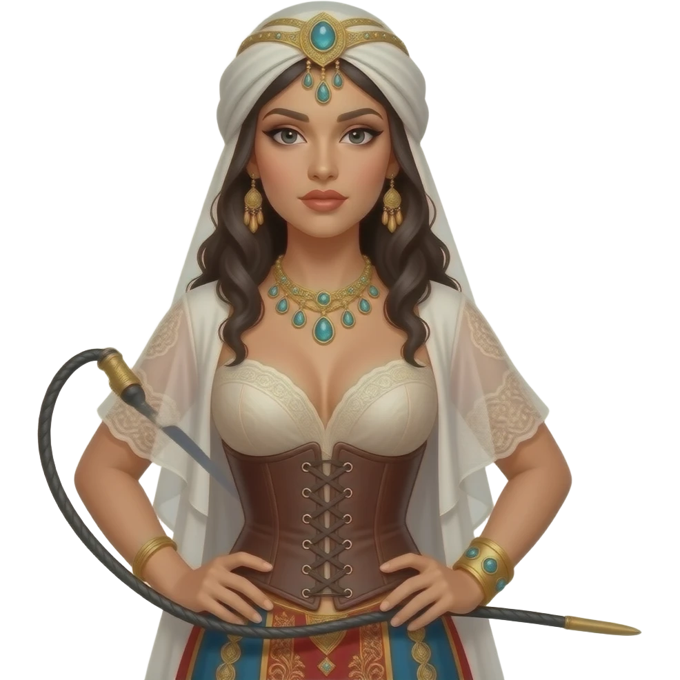Femme marocaine en corset ouvert avec un fouet emoji