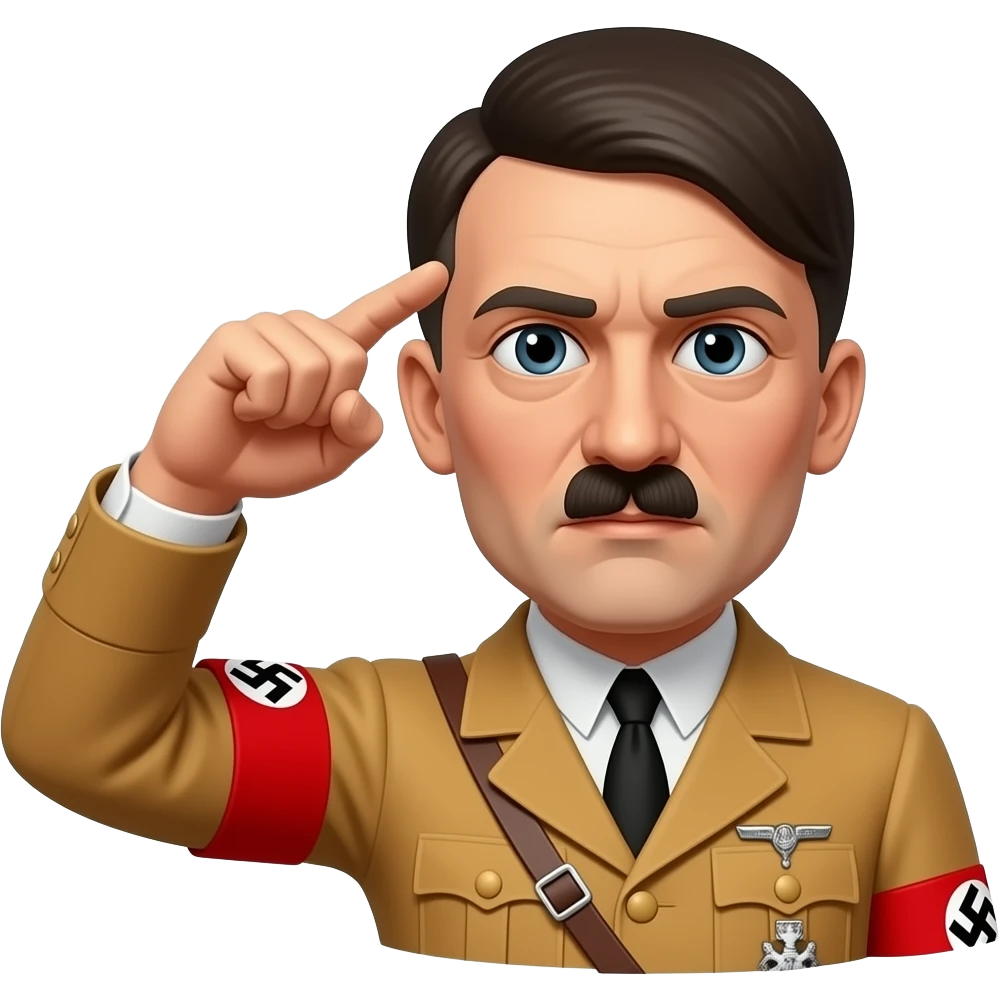 Adolf Hitler doing the Nazi salute with his arm pointing out front with all his fingers up at a 30 degree angle, with a front left camera shot emoji