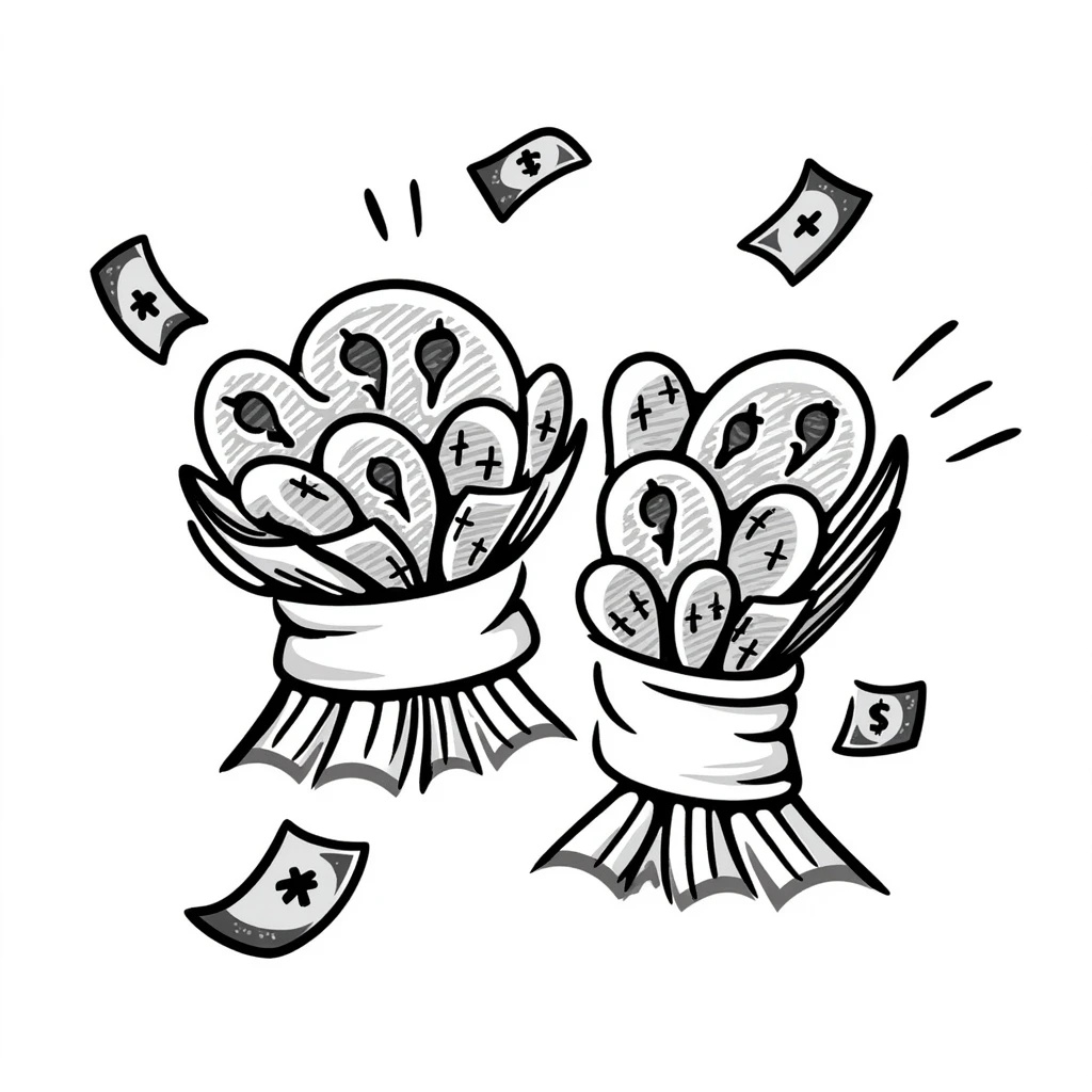 two bundles of cash, hand-drawn doodle style, loose bills, sketchy lines emoji