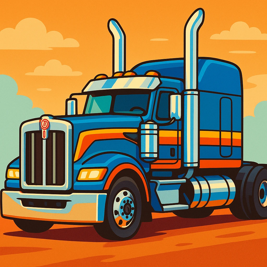 2026 Kenworth W680 flattop semi sleeper cartoon style with exaggerated chrome stacks, vibrant colors emoji