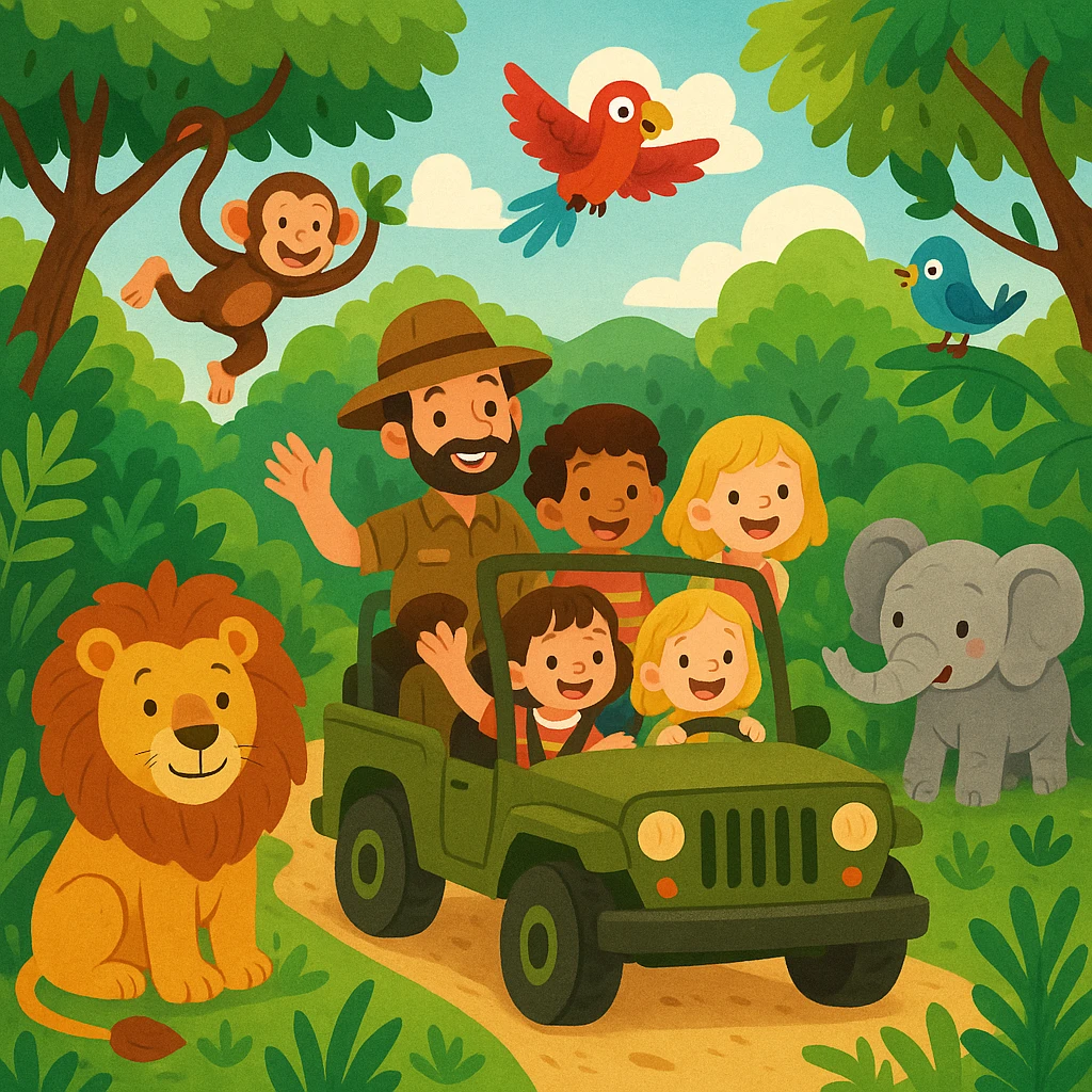 digital illustration of jungle safari in the style of children's story book emoji