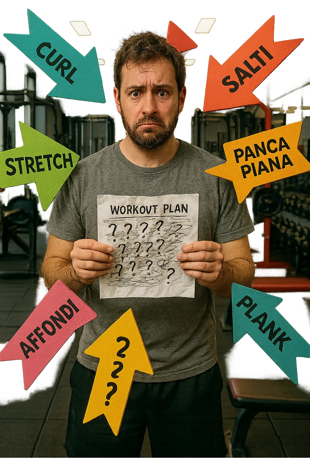 a person stands in the center of a gym, surrounded by arrows pointing in all directions, each labeled with a different exercise (e.g., “squat,” “Salti,” “stretch,” “Panca Piana”). The person looks bewildered, holding a workout plan with scribbles and question marks. The scene is colorful but visually messy, symbolizing confusion. in italiano immagine iperrealistica emoji