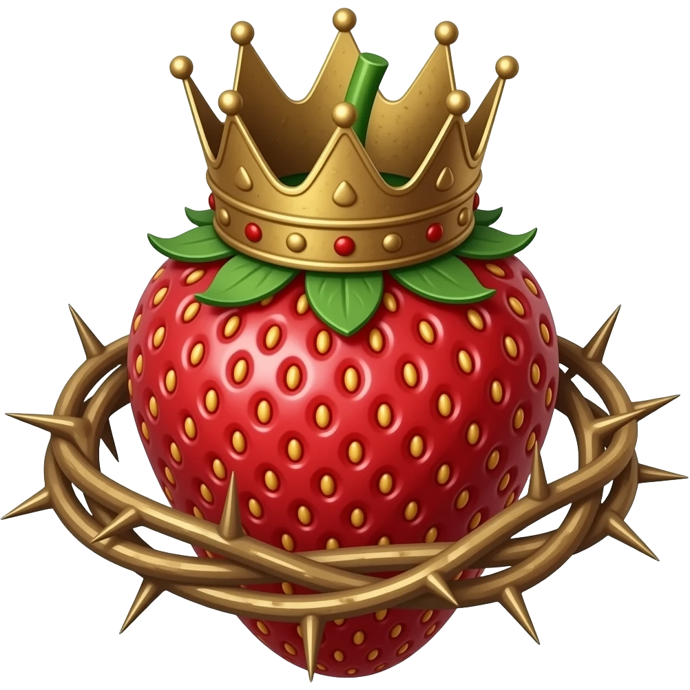 cinematic realistic - a bronze strawberry with a rusty, richly decorated English royal crown on top that is flaming. An oversized crown of thorns is wrapped around the strawberry's body and is spinning around its body emoji