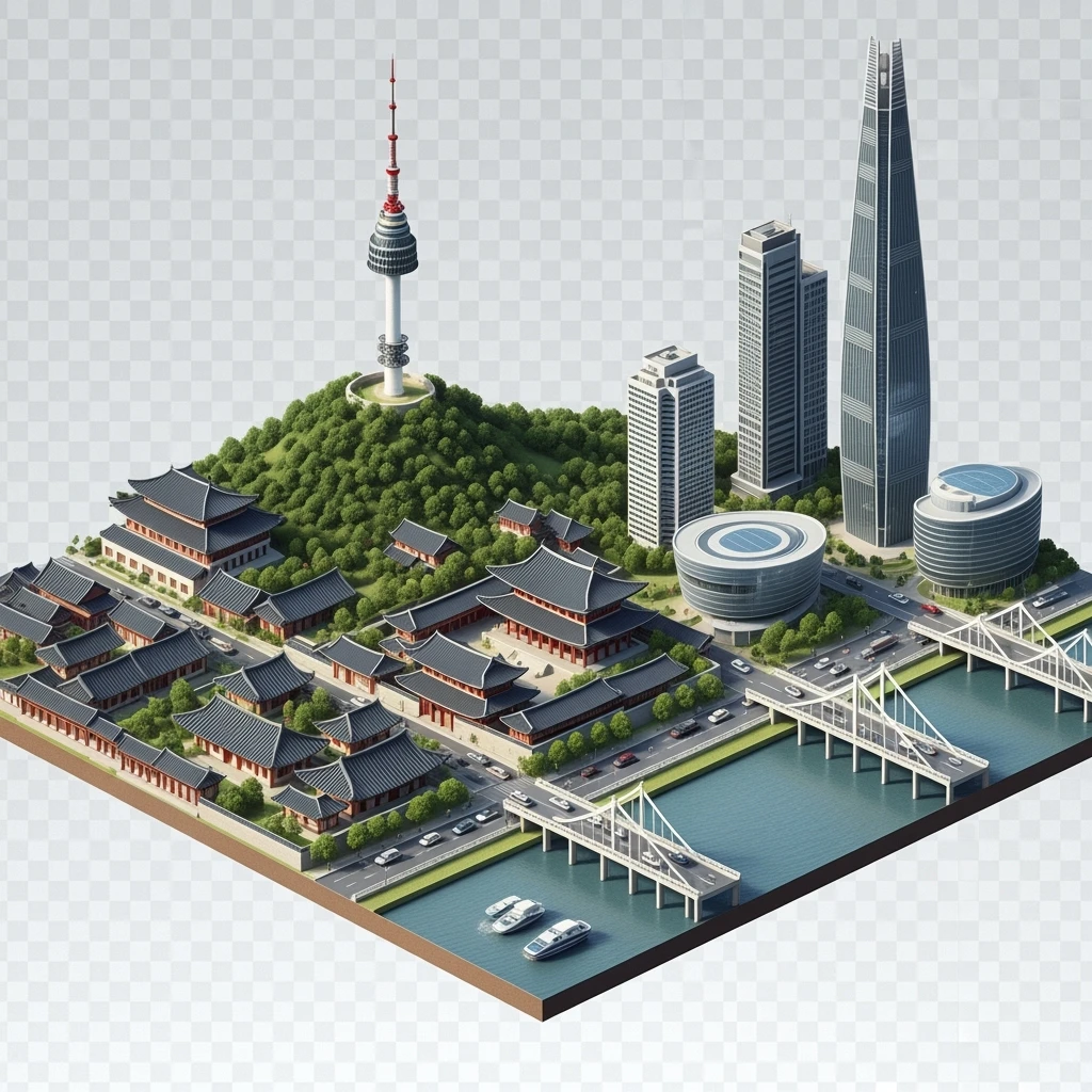 Isometric diorama of Seoul typical houses, Namsan Seoul Tower, Gyeongbokgung Palace, Lotte World Tower, Dongdaemun Design Plaza, and Han River bridges, 3D miniature effect and Tilt Shift effect, no cartoonish look, transparent background. emoji