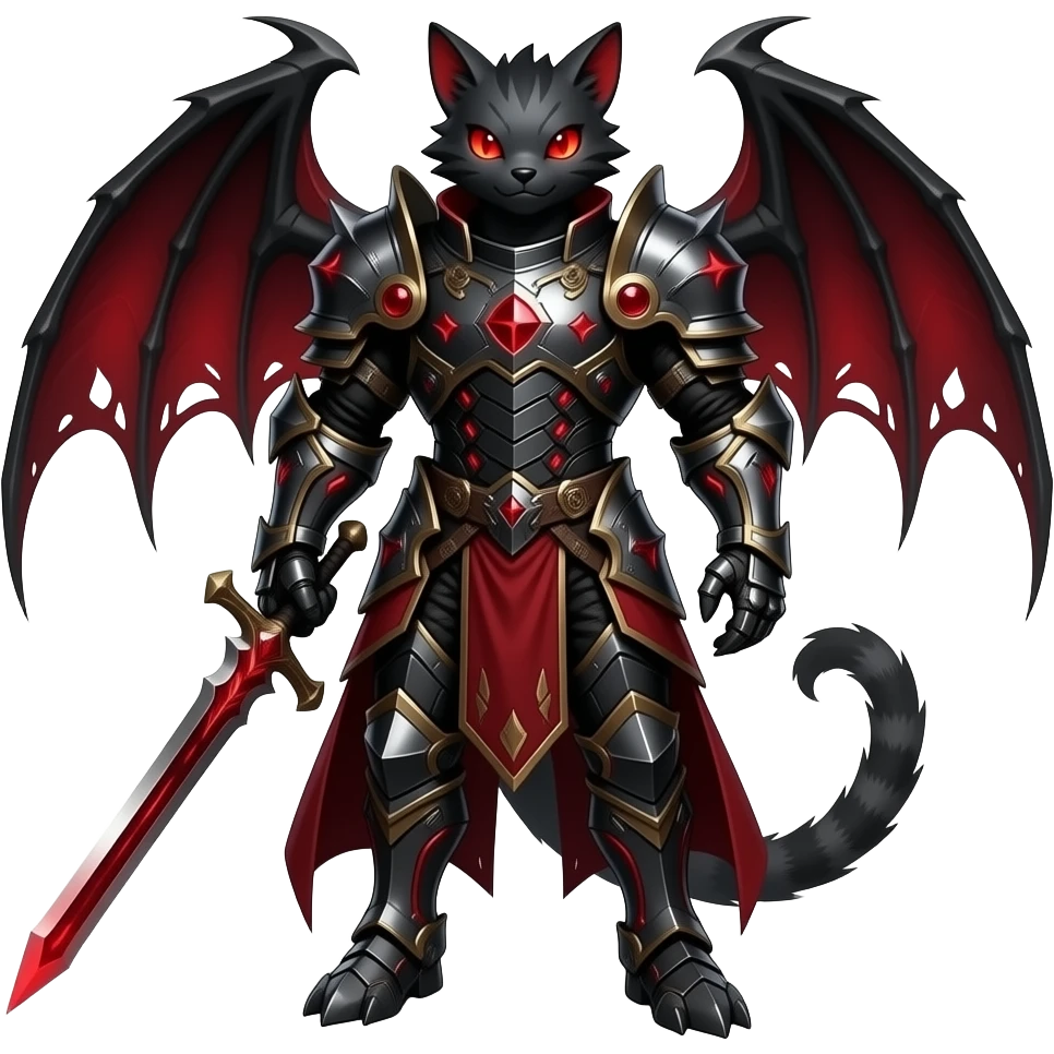 Epic complex knightly divine glorious futuristic detailed dark dusky gloomy deep gothic red, realistic Fakémon-Sprigatito-Floragato-Meowscarada-Trico-Sergal-Serval-Vernid-creature (full body) emoji