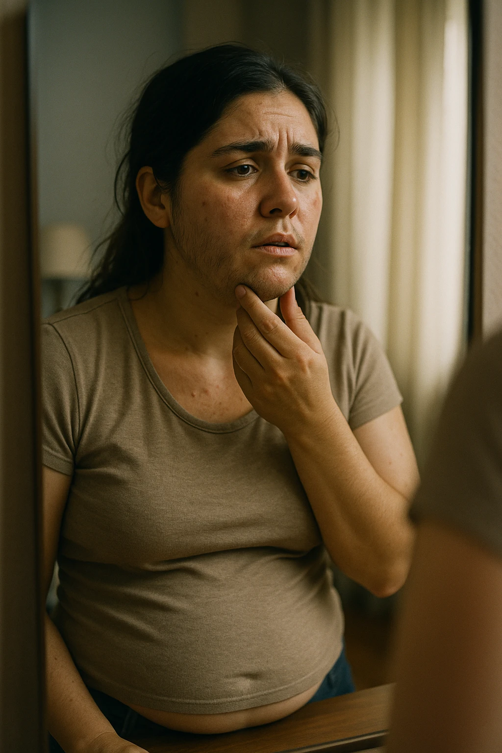 A realistic, cinematic portrait of a young woman in her late 20s standing in front of a mirror, visibly concerned while touching her chin and jawline where small dark facial hairs are noticeable, indicating hirsutism. Her skin appears oily, with a few cystic acne spots on her cheeks and jaw, and her dark hair is slightly greasy, indicating increased sebum production due to androgen excess. Her body shows mild abdominal bloating, and she looks at herself with a mix of frustration and sadness, capturing the emotional struggle linked to PCOS. The scene is set in a softly lit bedroom or bathroom with neutral daylight, with a clear mirror reflection to emphasize self-observation and discomfort. Style: realistic 35mm cinematic look, soft focus on her face and hair details, warm tones to keep it human and relatable emoji