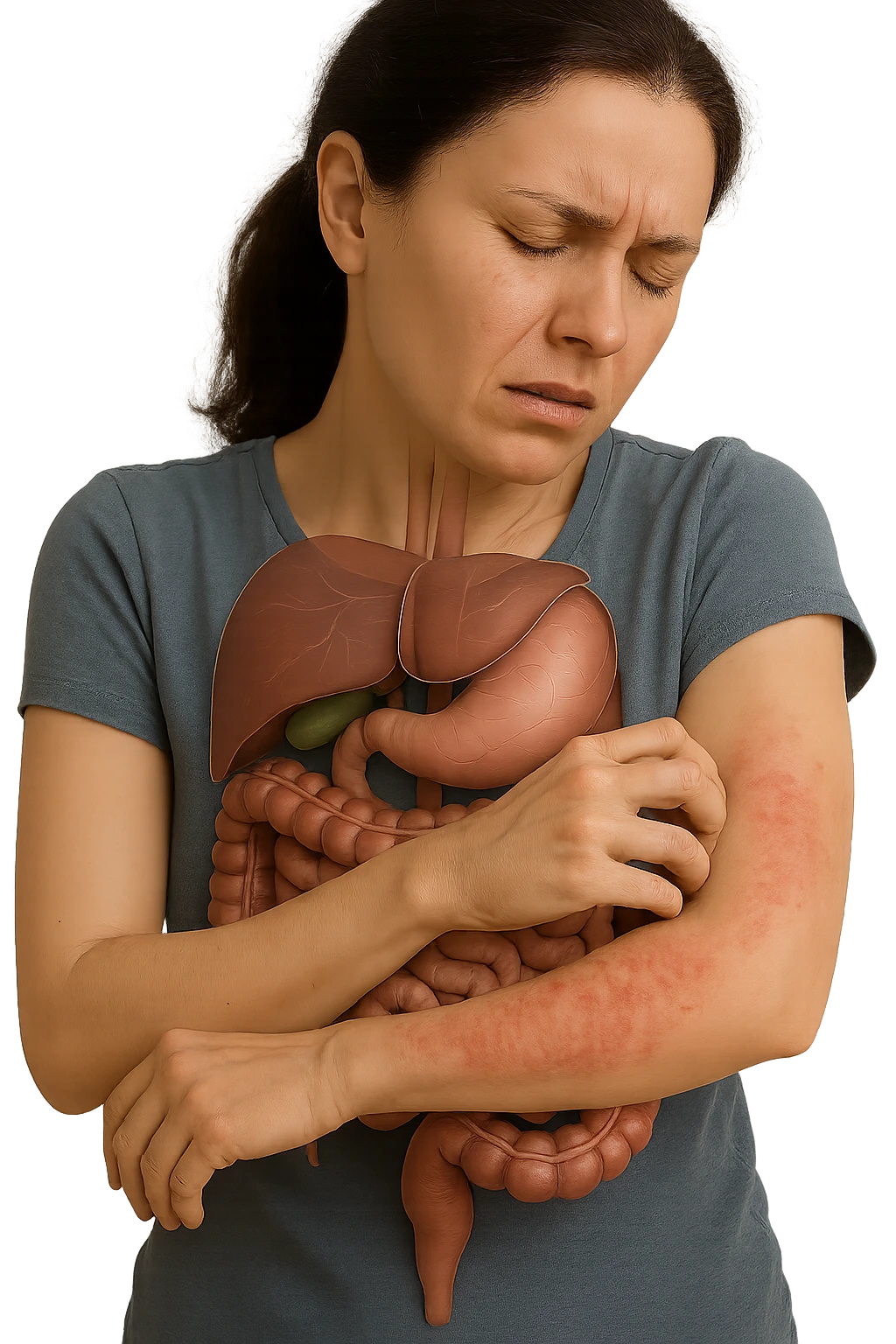 donna con intestino umano anatomico realistico che si gratta il braccio su cui ha un'eritema, iperrealistica 4k emoji