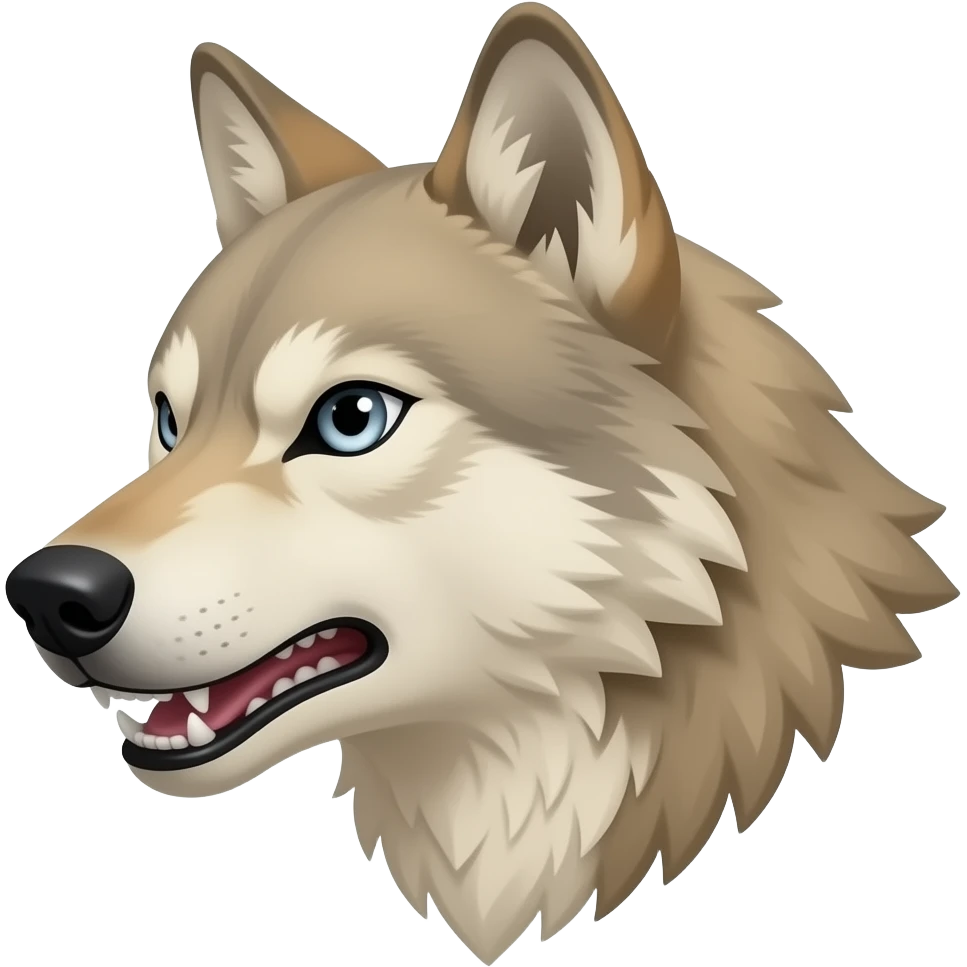 A little bit realistic angry face male Beige wolf head very realistic Turn sideways aggressive light blue gray eyes emoji