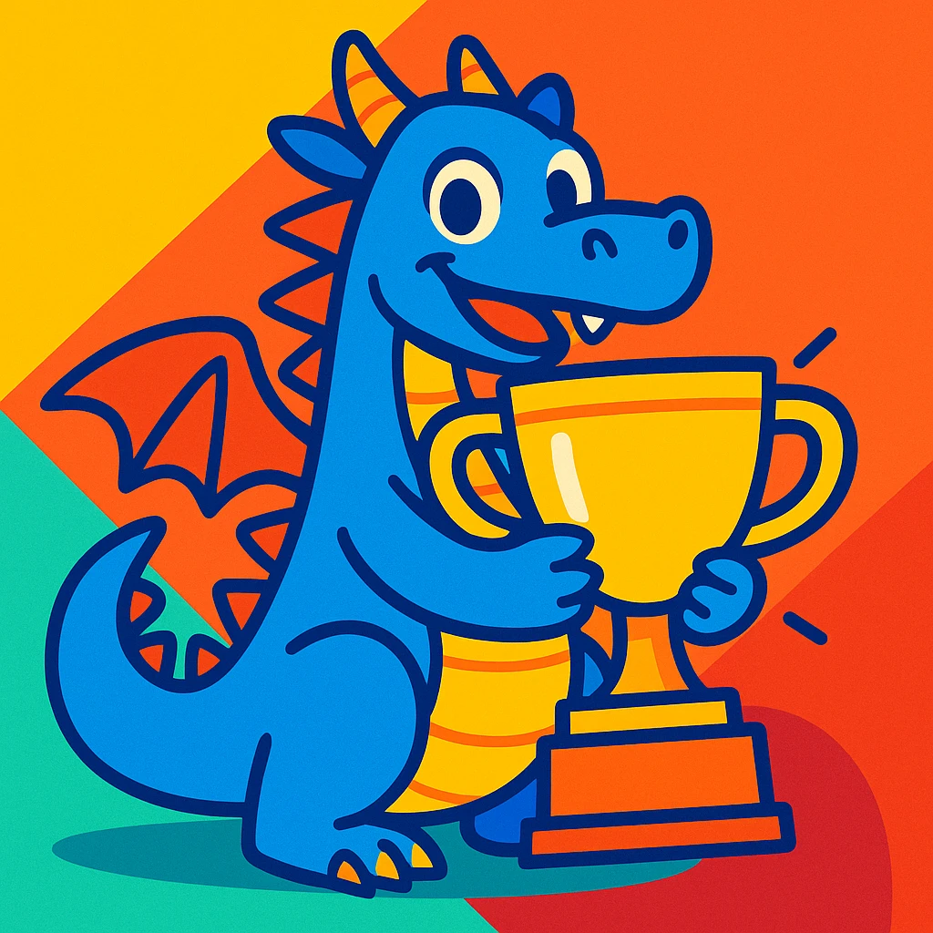 blue dragon holding a trophy, vibrant and playful emoji
