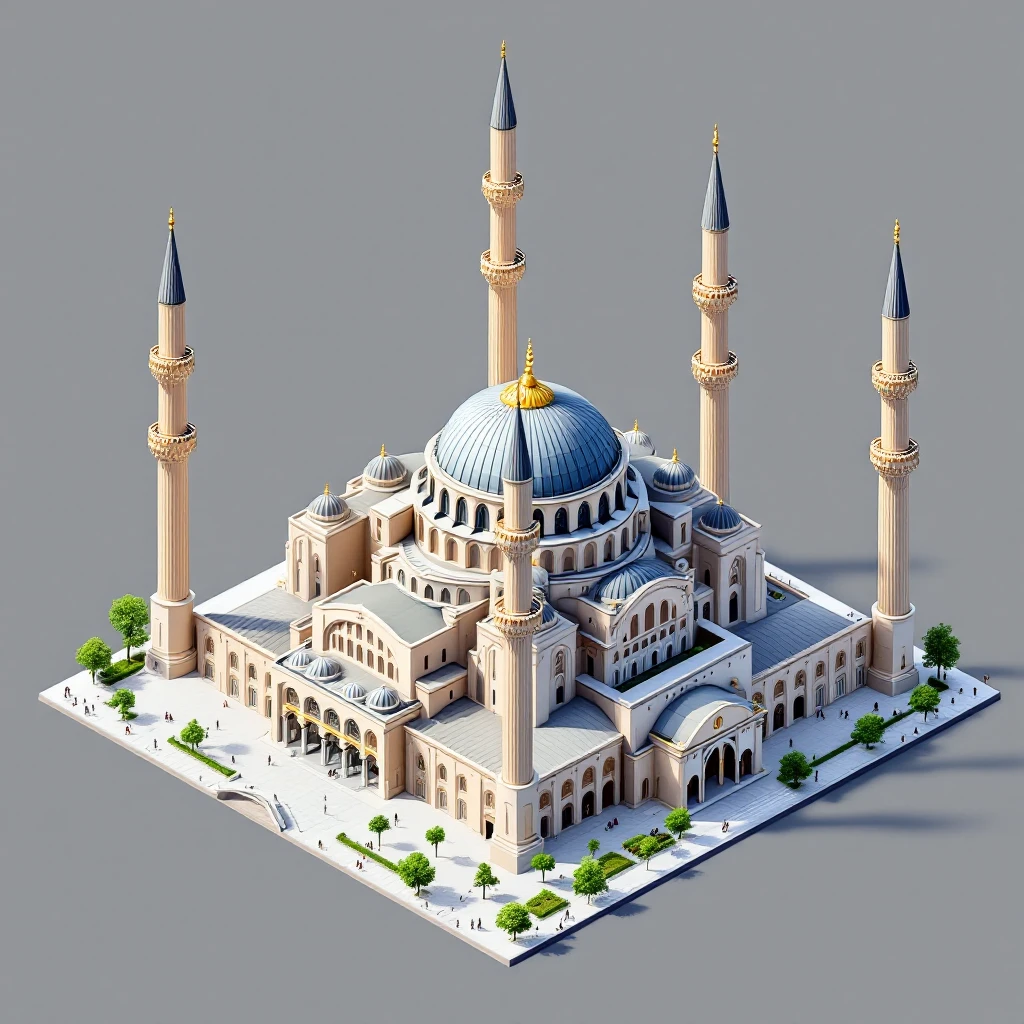 Isometric illustration of Istanbul, featuring real photorealistic Hagia Sophia with ts large central dome and four tall minarets, with real transparent background emoji