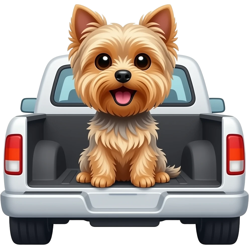 Yorkie dog mouth open sitting in a white truck emoji