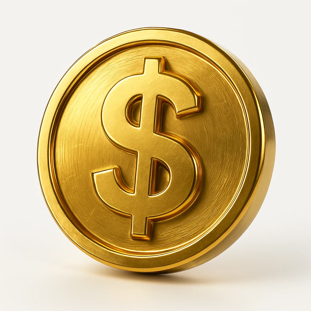a shiny gold coin with a dollar sign emoji