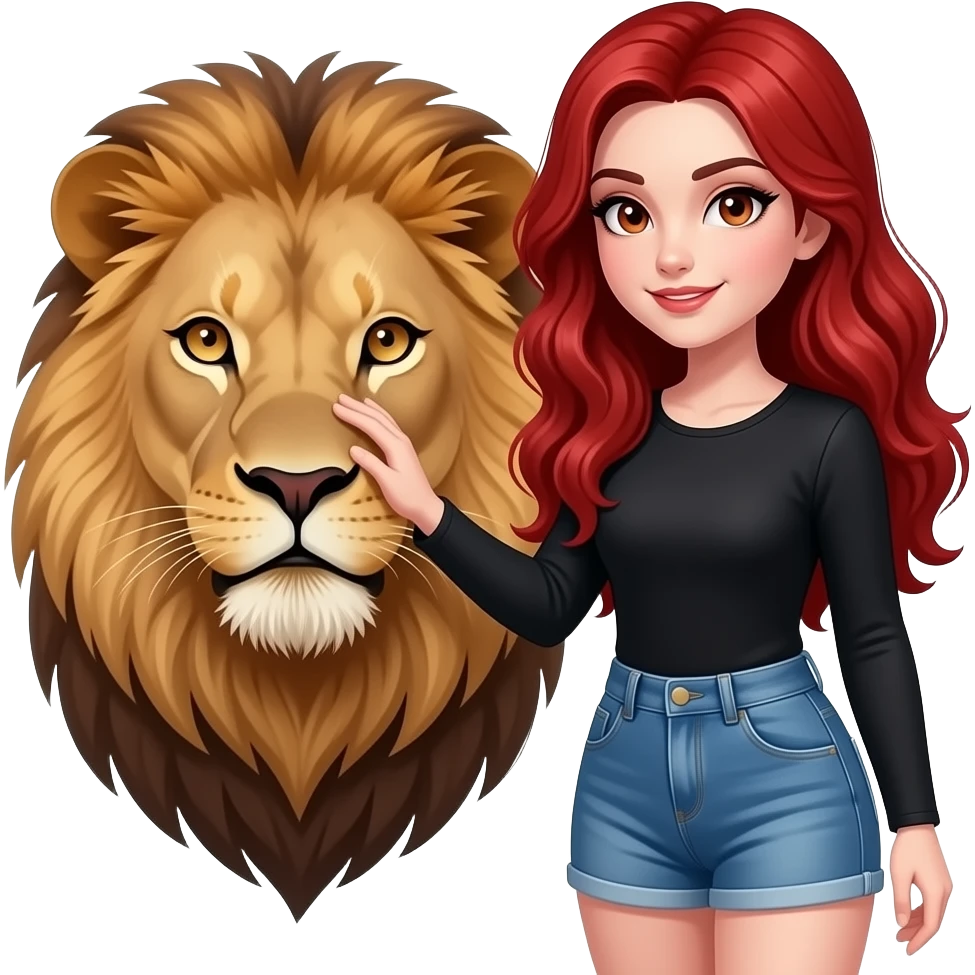 Vampiro femmina ADOLESCENTE con pelle bianca e capelli rossi lunghi ondulati che indossa Jeans corti e un top con maniche lunghe nero che accarezza un leone emoji