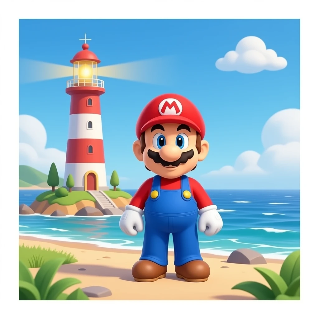 super mario bro close to a lighthouse 3d close to the ocean with star wars emoji
