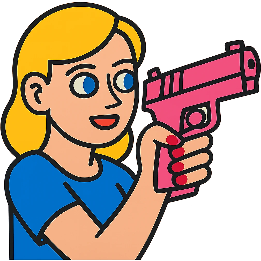 white girl with blue eyes, hand with pink nails holding a pink gun, fun and bold style emoji