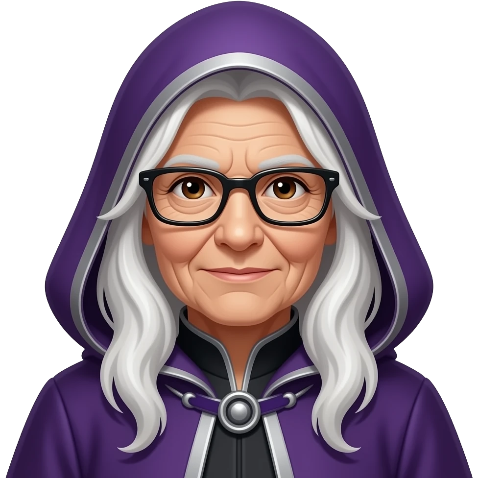 elderly female wizard with long white hair, black small rectangle spectacles, and a hooded purple robe, brown eyes emoji