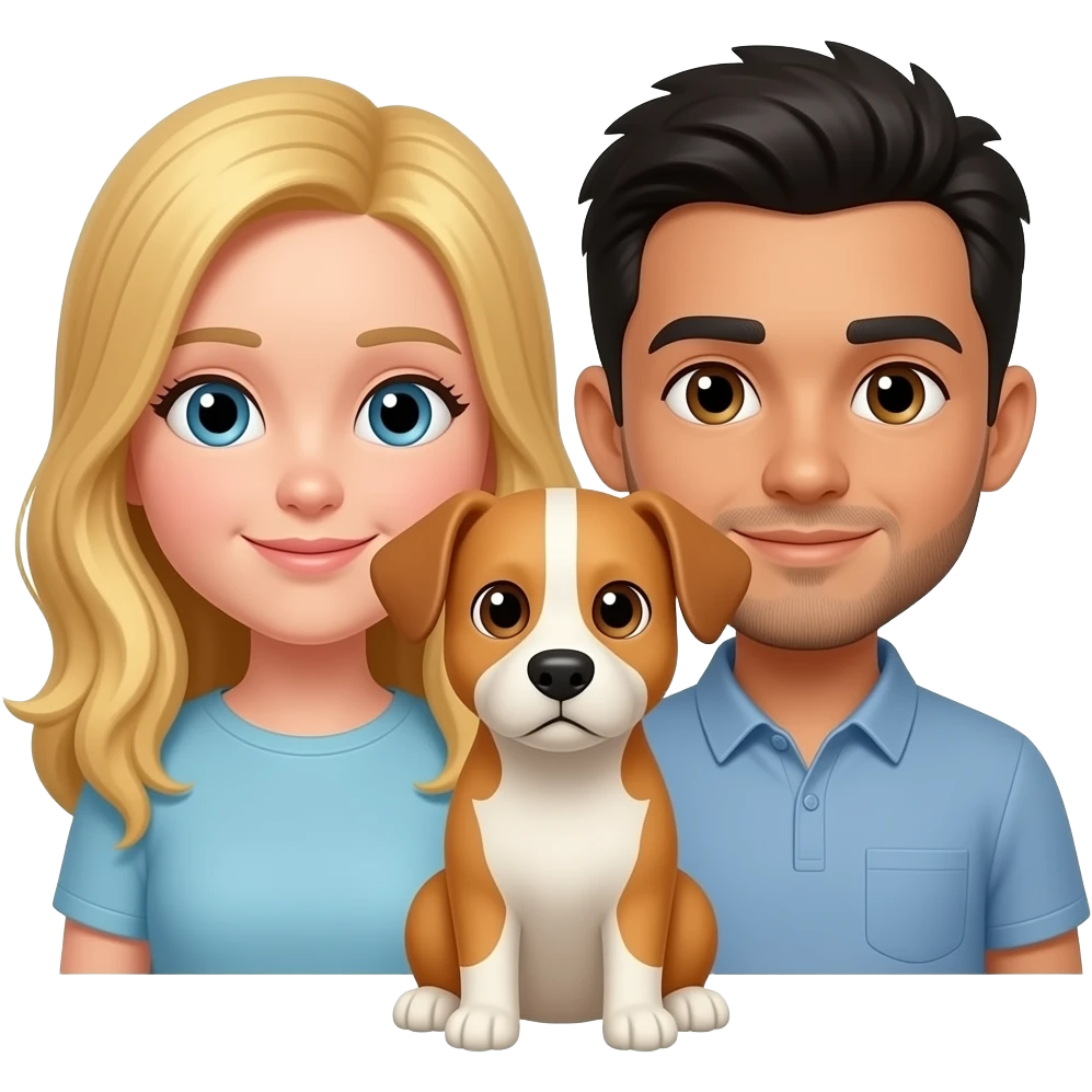 la chica pelo largo y rubia y piel blanca mediana, el chico misma piel, con barbita fina y pelo negro, y el perro como el default, orejas hacia abajo con orjas y donde los ojos marrones y entremedio blanco, hazlos que esten pegaditos como si fuese un emoticono de whatsapp emoji