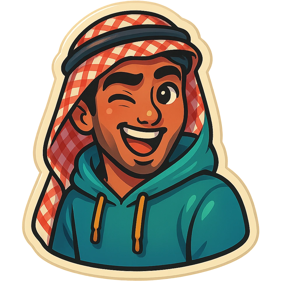 cartoonish, bold, vibrant emoji-style sticker of Ara, an Arab young man with medium brown skin, black hair, wearing casual urban Middle Eastern streetwear like a keffiyeh scarf or hoodie, winking cheekily with exaggerated expression emoji